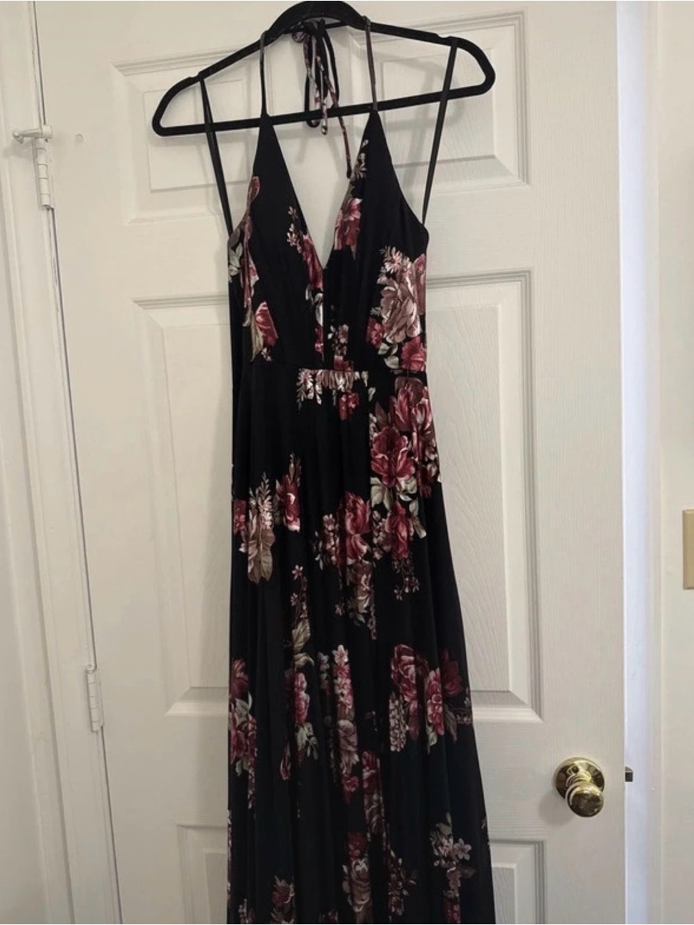 Betsy and Adam Black Floral Maxi Dress with Halter Neck